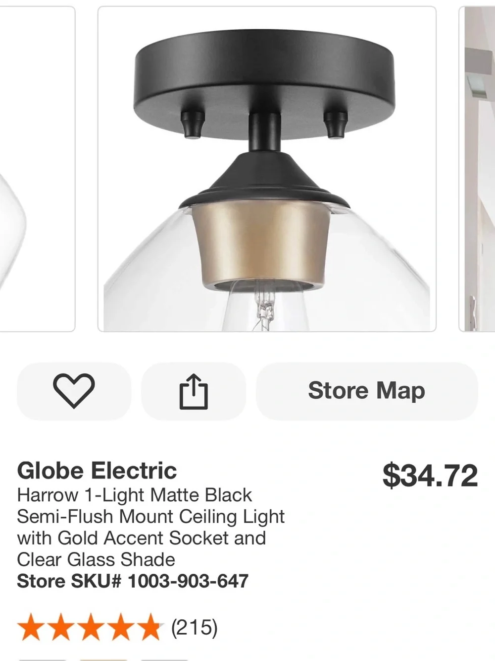 New Globe harrow Semi-Flush Ceiling Light with Clear Shade Black/Gold Accents